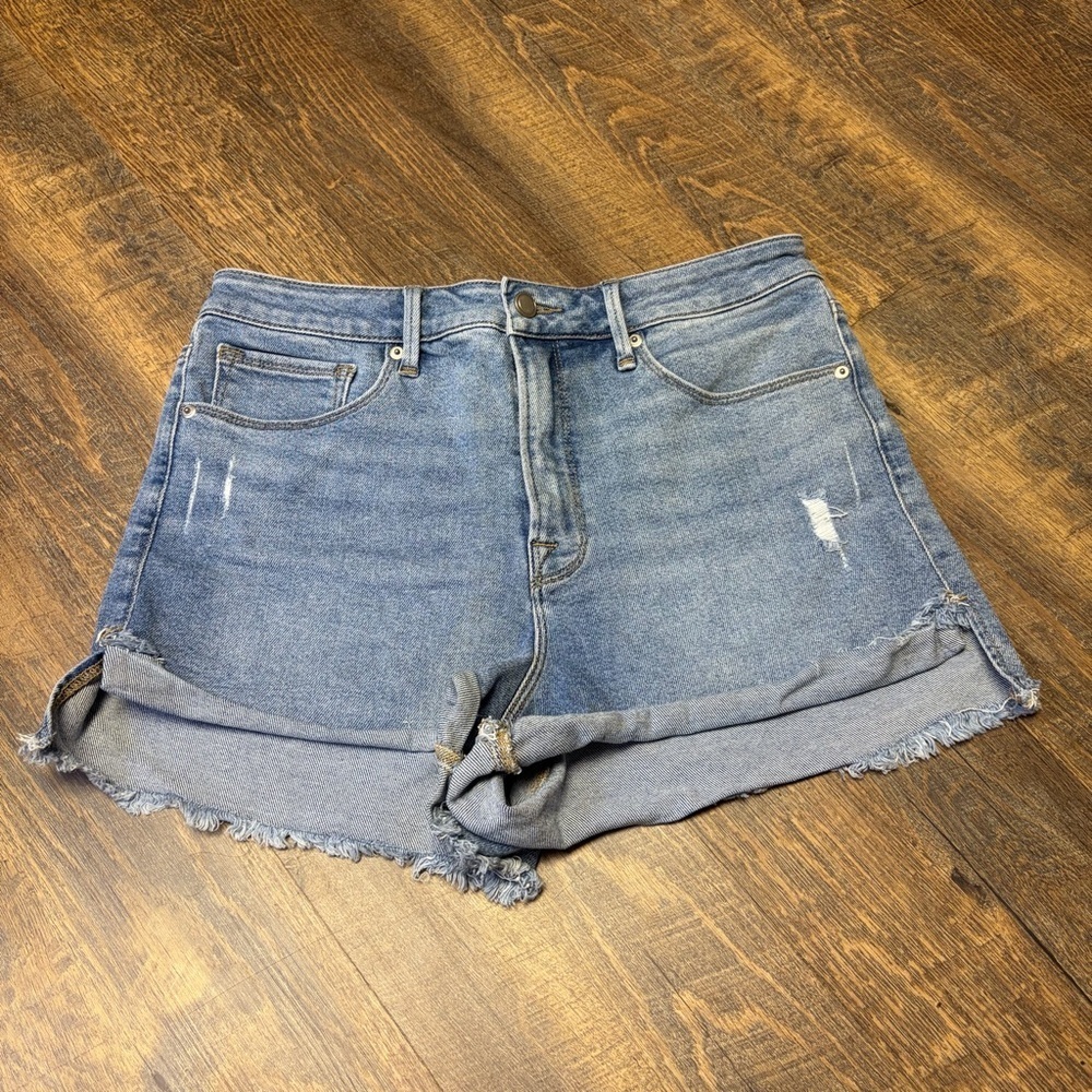 Good American Cut Off Blue Denim Jean Shorts Womens 12/31 High Rise Stretch